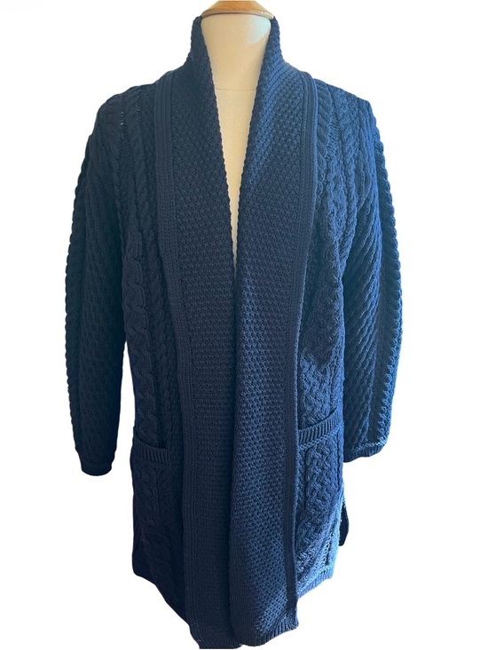 The Irish Store Sweaters - The Irish Store Navy Merino Wool Cable-Knit Open Front Cardigan Size Medium